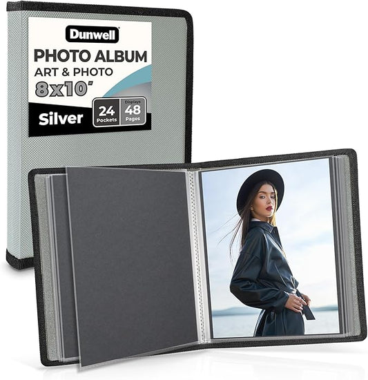 Dunwell Photo Album 8x10 (Silver) with Black Mounting Paper, 8 x 10 Photo & Art Portfolio Presentation Book, 24 Sleeves, Displays 48 Pages, Professional Photography Book for Pictures, Artwork