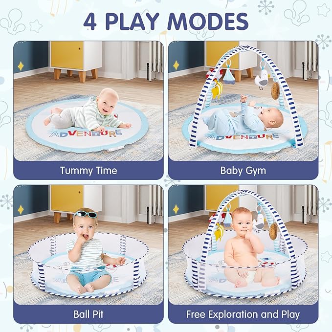 Activity Gym, Baby Play Gym Mat for Toddlers, 0-18 Months Tummy Time Play Mats, Infant Play Gym with Detachable Toys for Sensory Exploration and Motor Skill Development, PM2406