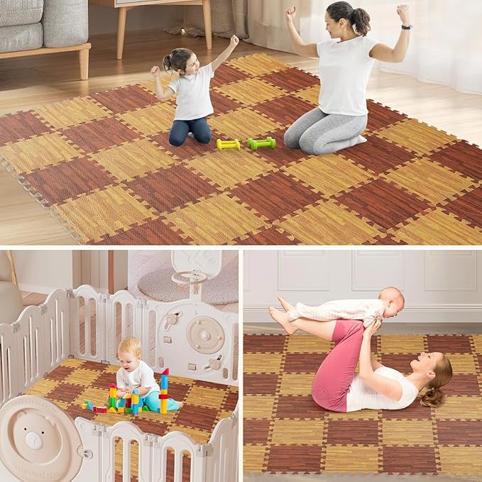 Skyweaver 24 Tiles Soft Non-Toxic Baby Play Mat for Floor EVA Foam Jigsaw Puzzle Play Mat, Interlocking Squares with 0.6inch for Babies, Toddlers & Kids Gym, Nursery, Playroom,Brown