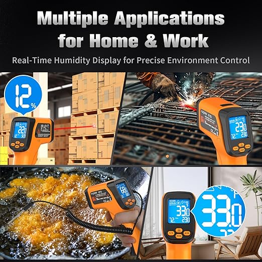 Dual-Mode Infrared Thermometer Gun,-58°F to 1472°F Laser Temp Gun, -58°F to 572°F K‑Type Probe with Humidity Display, 12:1 D:S