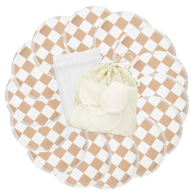 wegreeco Nursing Breast Pads (14 Pack) + Laundry Bag & Travel Storage Bag, 4.7 inch Option - Washable & Reusable Breastfeeding Nursing Pads (Light Coffee Checkerboard, Large, Plain Shape)