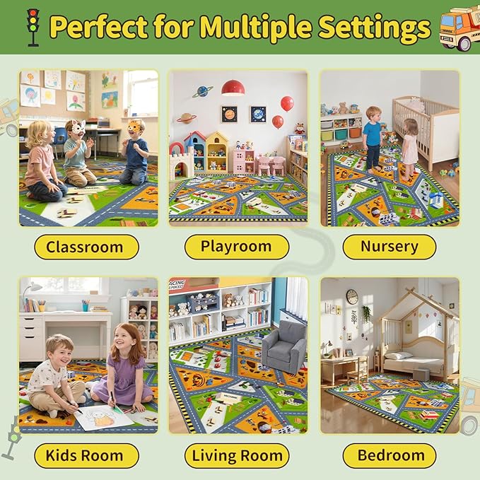 STARUIA Kids Cars Rug for Playroom, 3x5 Car Rugs for Kids Toy Cars, Non-Slip City Road Map Play Rug for Boys Bedroom, Educational Toddler Carpet Play Mat for Classroom Nursery Daycare (39"X59")