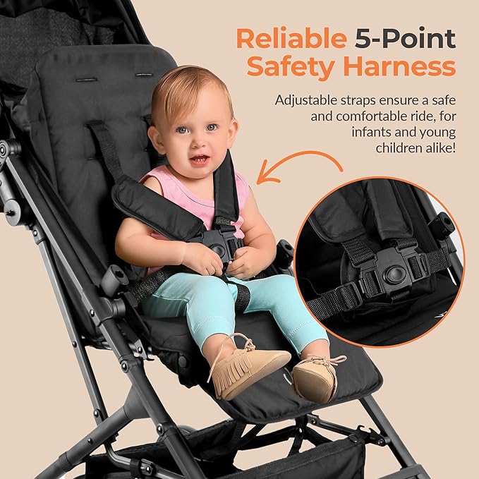 Jovial Lightweight Baby Stroller, Folding Travel Stroller with Reclining Seat, Canopy, 5-Point Safety Harness, Storage Basket, Smooth Wheels, Compact Portable Design (39.8" x 18.7" x 32.3")