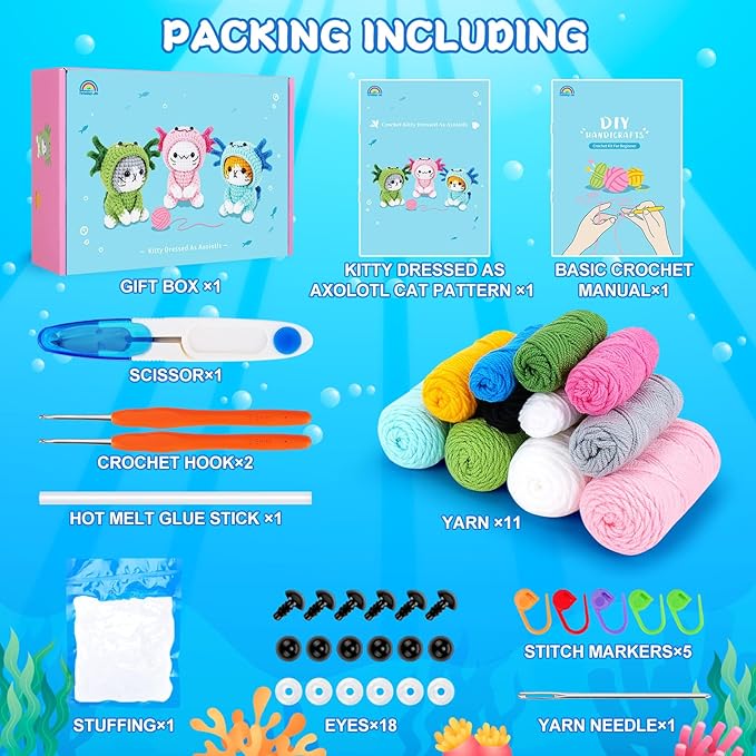 Crochet Kit for Beginners - 3 PCS Axolotl Cat Crochet Kits with Step-by-Step Video Tutorials, Beginner Crochet Kit for Adults, Crochet Cat Dressed as Axolotl Set (Blue & Green & Pink)