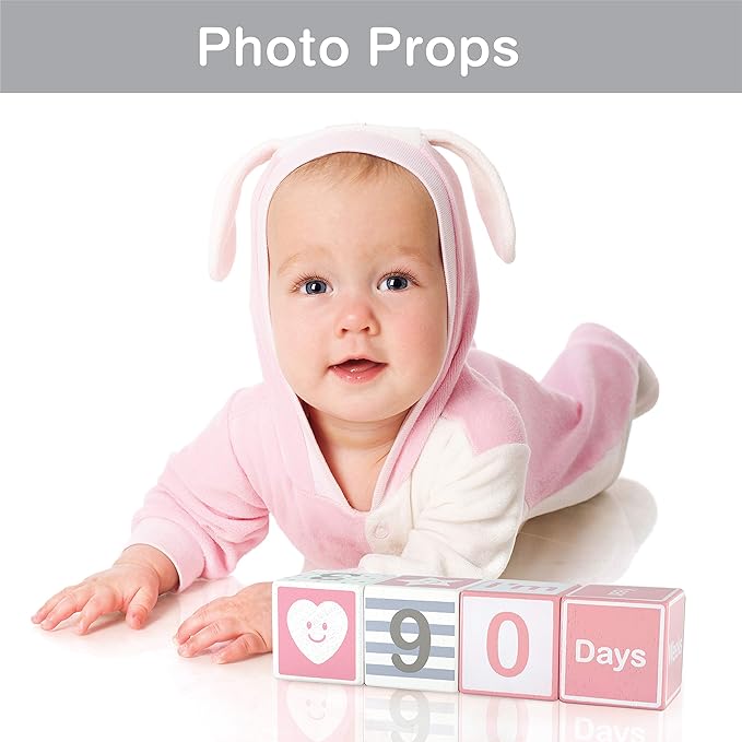 I'm Solid Wood Monthly Weekly Yearly Milestone Age Blocks, Newborn Gifts & Keepsakes for Picture Props (4 Pcs/Pink)