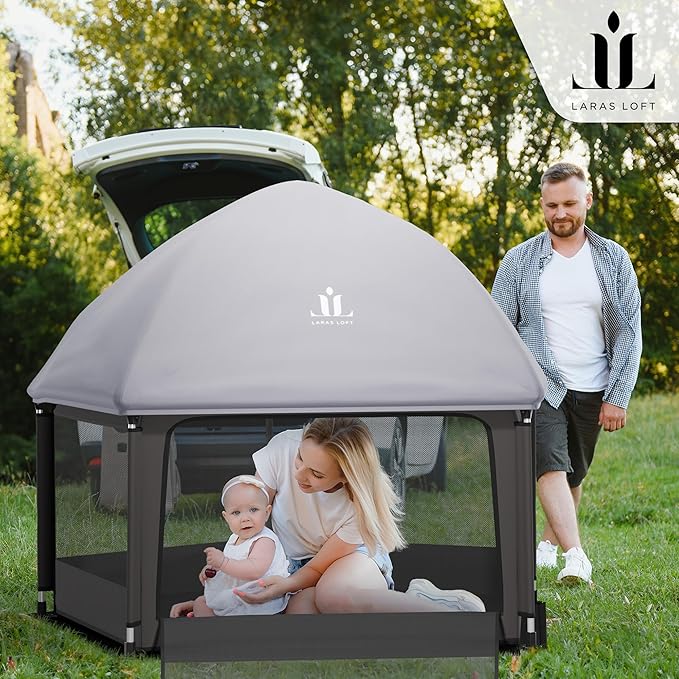 Pop-Up Playpen for Babies & Toddlers Foldable with Canopy (UPF 50), Self-Inflating Playmat, Wind Shade & Carry Bag Durable Baby Beach Tent, Outdoor