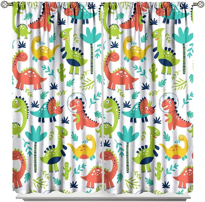 Rustic Dinosaurs Curtains Colorful Dino Kids Boys Cartoon Cute Cool Funny Decor Printed Blackout Rod Pocket Window Drapes for Living Room Bedroom W21xL54in 2 Panels