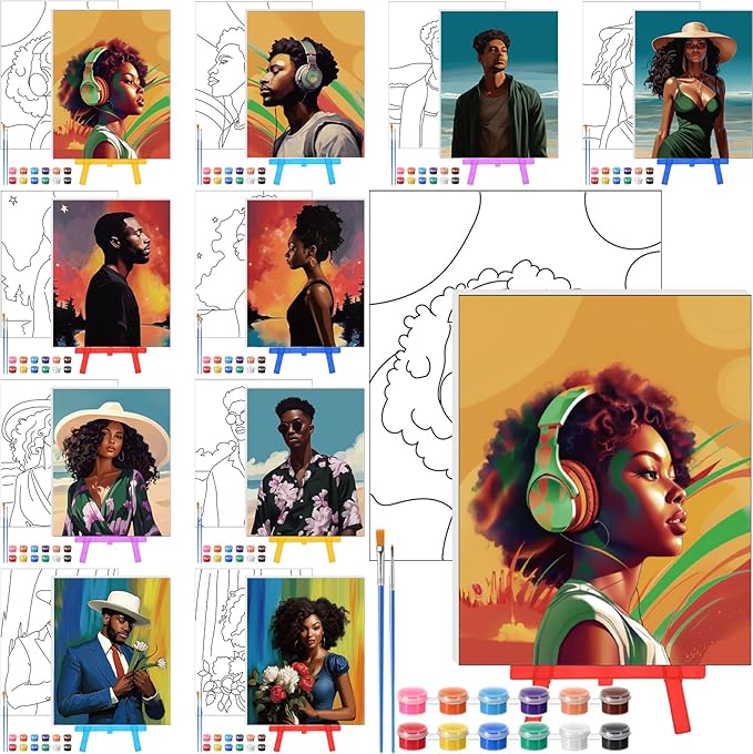 Blosssound 10 Set Pre Printed Canvas Pre Drawn Canvas Painting with Easel Kits 5" x 7" Outline Painting Panels for Beginners, DIY Craft Project, Party Favor, Home Decors(Black Couple)