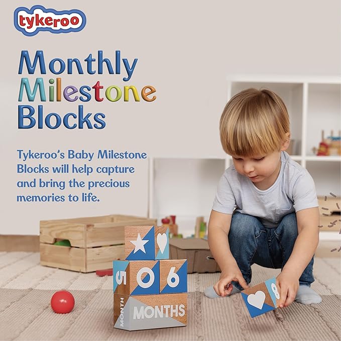 Baby Monthly Milestone Blocks — Cute Nursery Decor — Lovely Newborn Photography Props — Baby Shower Gifts (Blue & Gray)