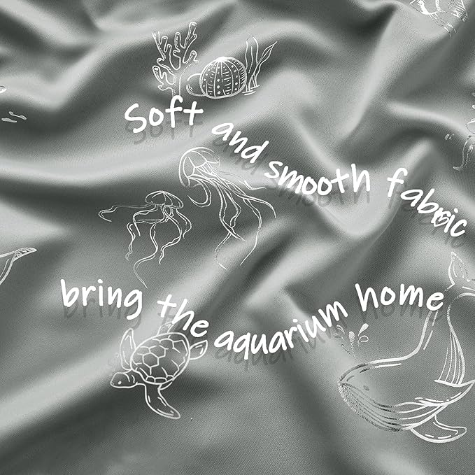 Vangao Kids Curtains for Boys Bedroom Kids Blackout Curtains 63 Inch Length Ocean Aquarium Nursery Drapes for Girls Bedroom Silver Sea Animals Print Thermal Insulated Drapes, Grey 2 Panels