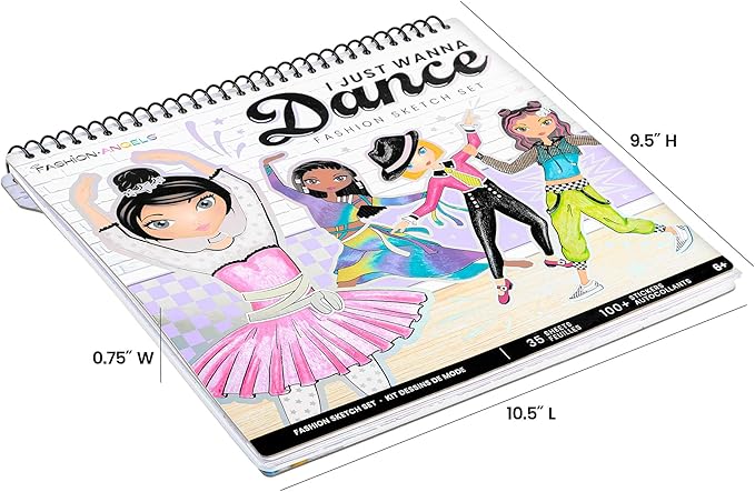 Fashion Angels I Just Wanna Dance Fashion Sketch Set, Create Dance-Themed Outfits with 35 Sketch Pages, 100+ Stickers & Stencils, Fun Craft Kit for Kids
