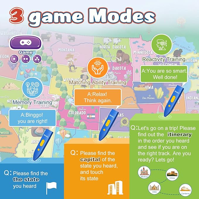 V2 Interactive Kids Map Bilingual United States Map for Kids Learning, Educational Talking USA Map Poster Geography Games Personalized Kids Toys for Boys & Girls Ages 3-12