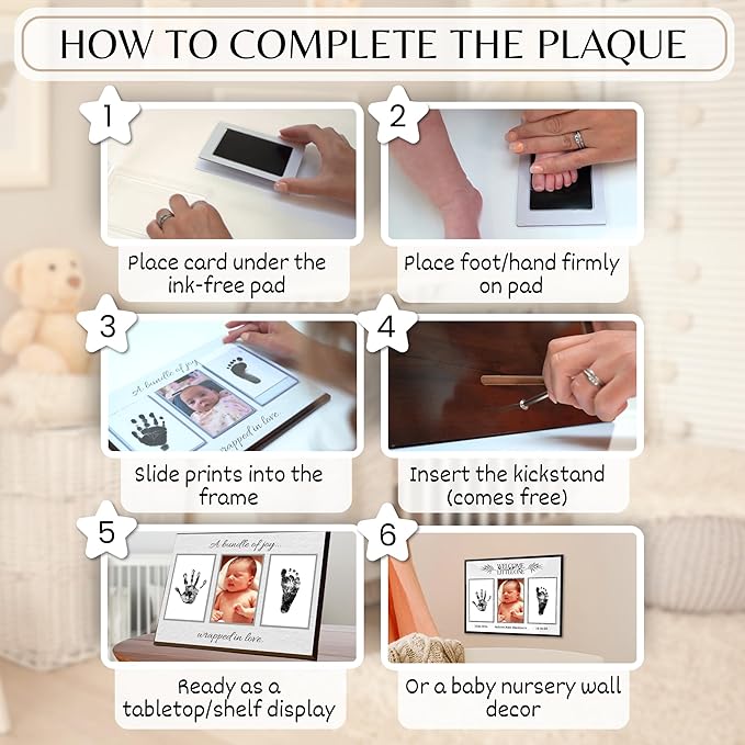 Inkless Hand and Footprint Kit, Baby Keepsake Plaque & Baby Shower Gifts - Ideal as Mom To Be Gift, Nursery Picture Frames, Clean Touch Hand and Footprint Kit (Style 2 - Design 4)