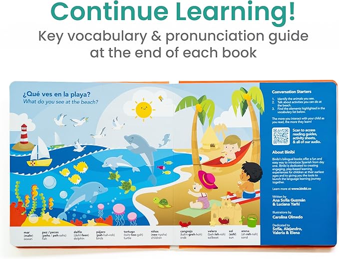Binibi Spanish Books for Babies & Toddlers 1-3 The Beach Interactive Bilingual Sound Book with Fun Beach Sounds | Bilingual Children's Book | Spanish Learning for Kids