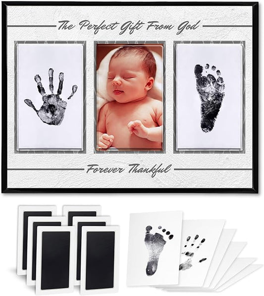 Baby Hand and Footprint Kit with Photo & Birth Details, Inkless Hand and Footprint Kit, Newborn Keepsake Plaque, Baby Shower Gifts (STYLE 2 (Baby Shower) (Gift From God))