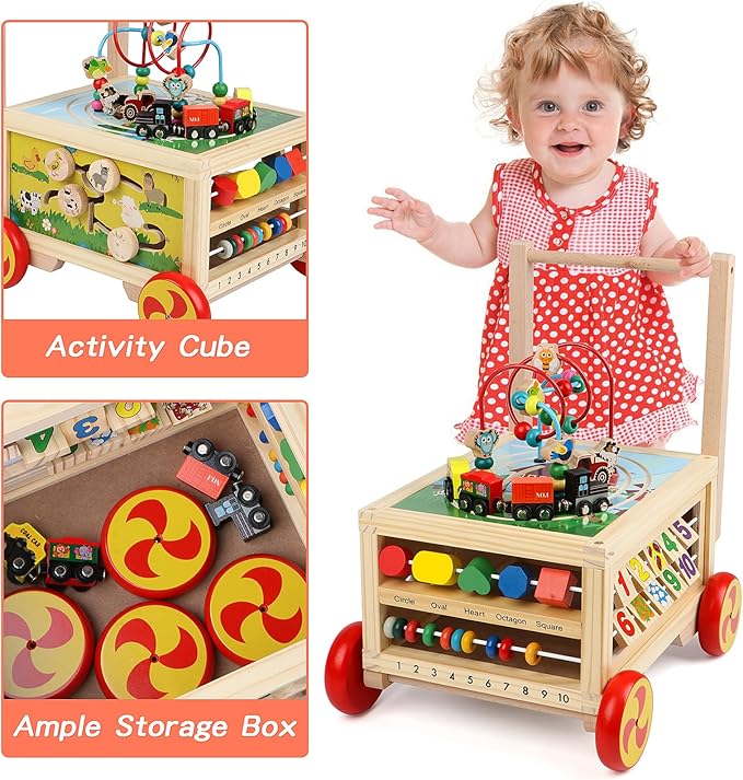 Wooden Activity Cube 7-in-1 Montessori Toys for 1+ Year Old Boys Girls Educational Learning Toys for Toddlers Age 1-2 One Year Old First Birthday Gift Bead Maze Magnetic Trains Track Shape Sorter