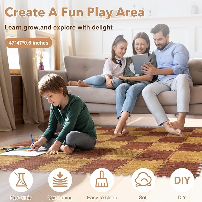 Skyweaver 36 Tiles Soft Non-Toxic Baby Play Mat for Floor EVA Foam Jigsaw Puzzle Play Mat, Interlocking Squares with 0.6inch for Babies, Toddlers & Kids Gym, Nursery, Playroom, Brown