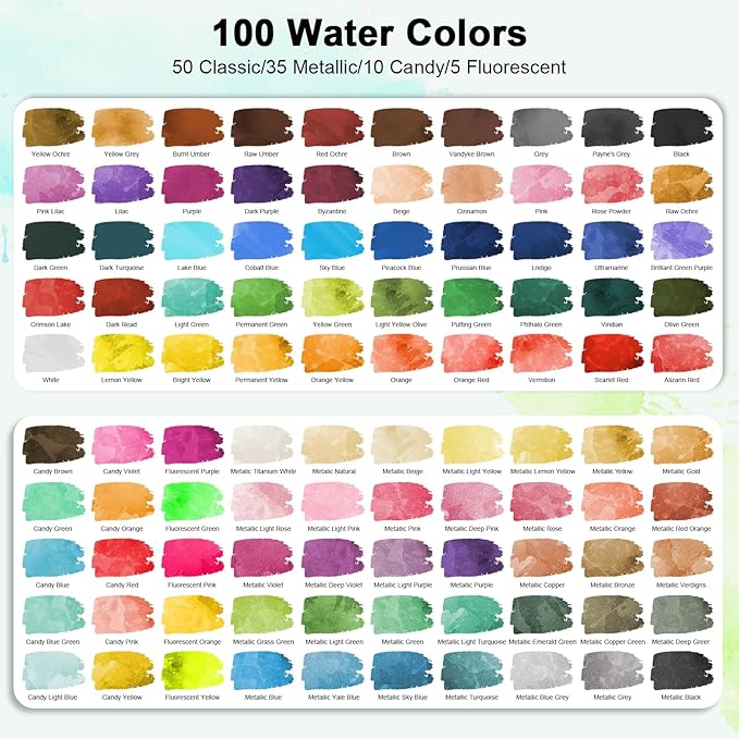 Watercolor Paint Set 100 Colors Including Metallic, Watercolor Kit with Case, Watercolor Paper, Paint Brushes, Palette and Accessories, Water Color Art Supplies Gift for Adults Kids Artists
