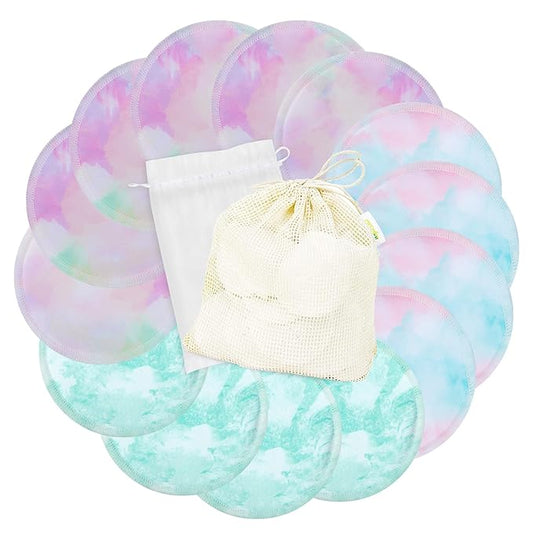 wegreeco Nursing Breast Pads (14 Pack) + Laundry Bag & Travel Storage Bag, 4.7 inch - Washable & Reusable Breastfeeding Nursing Pads (Plain Shape, Watercolors, Large)