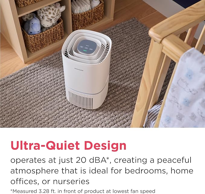 Frigidaire PureA300 HEPA Air Purifier for Small Bedrooms, Covers up to 850 Sq. Ft., 3-Stage Filtration, Energy Star Certification, Air Quality Monitoring, Smart Mode, Ultra Quiet, White