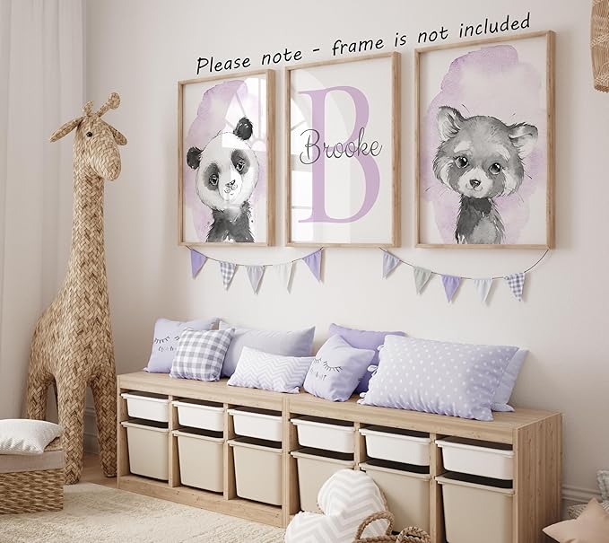 Safari Animals Set of 3 Unframed Poster Prints for Baby Girls Nursery Bedroom Playroom, Personalized Name, Choice of 12 Animals, Pink Purple (9x12)