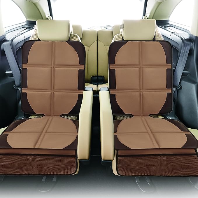 Car Seat Protector, 2 Pack Baby CarSeat Covers with Mesh Pockets & Non-Slip Backing 600D Durable Seat Protectors Under Car Seat for Baby (Black & Brown, Large)