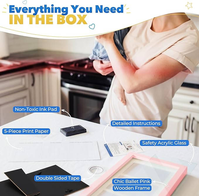 Bubzi Co Baby Handprint Kit & Footprint Photo Frame for Newborn Girls and Boys, Unique Baby Shower Gifts Set for Registry, Memorable Keepsake Decorations for Room Wall or Nursery Decor (Ballet Pink)