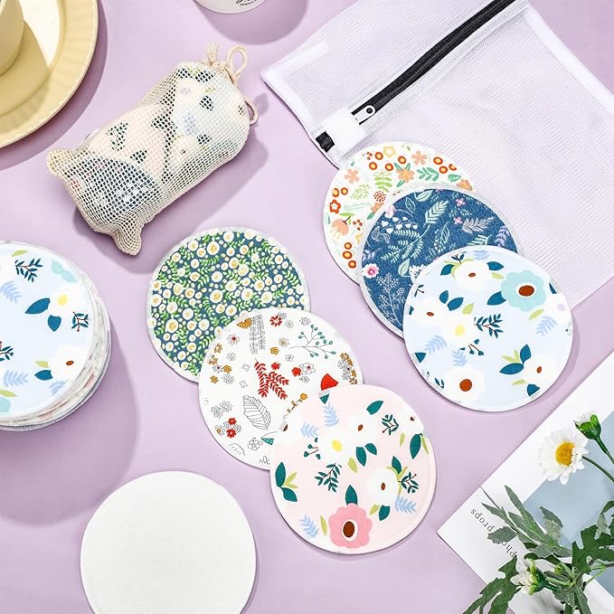 Sosation 30 Pcs Reusable Breast Pads Bamboo Nursing Pads with Wet and Laundry Bag Floral Nipple Favor Breastfeeding Mom Gift(Fresh Pattern)