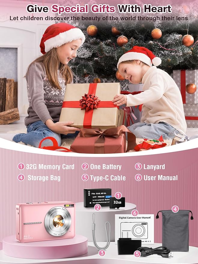 Digital Camera,FHD 1080P Kids Camera 44MP Point and Shoot Digital Cameras with 32GB Card,16X Zoom,Anti-Shake,Date Stamp,Compact Small Cameras Photography for Kids Student Teen Girl Boy(Pink)