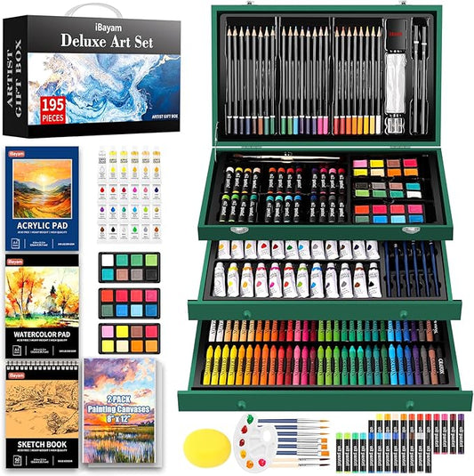iBayam Art Kit for Kids Teens Teenage Adult, 195-Pack Drawing Coloring Sketching Art Supplies Set for Cards Rocks Eggs Canvas Ceramic Wood Anime, with Canvases, Sketchbooks, Watercolor & Acrylic Pads