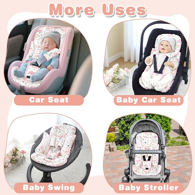3-in-1 Infant Car Seat Insert, Soft Head and Body Support,Ultra & Strap Covers Set, Reversible Newborn Car Seat Cushion Pad for Baby Boy & Girl fits Stroller, Swing, Bouncer (Pink Bow)