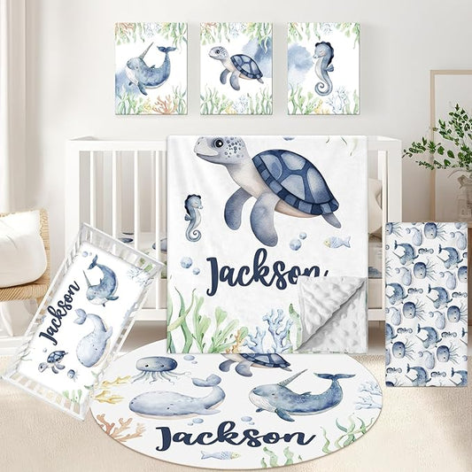 Personalized Baby Crib Bedding Set, 5 Pcs Custom Name Baby Bedding Set, Double Layer Nursery Bedding Set, Ocean Animal Baby Crib Set for Girls Boys, Gift for Toddler Infant Baby New Parents