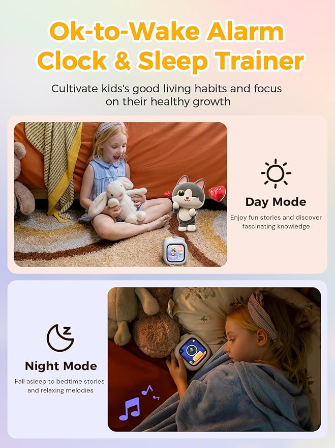 PawPal Digital Pet Alarm Clock with 3.8" Touchscreen - Habit-Building Sleep Trainer with OK-to-Wake, Stories, Music, White Noise & Nightlight for Kids Ages 3-8 Gift