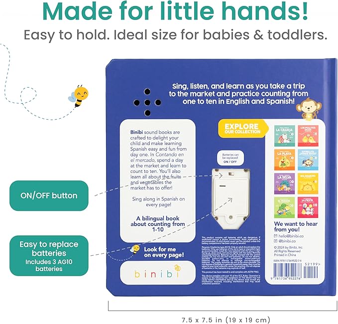 Binibi Spanish Musical Book - Counting at The Market | Bilingual Children's Book for Babies & Toddlers 1-3 | Libro en Espanol para Bebes