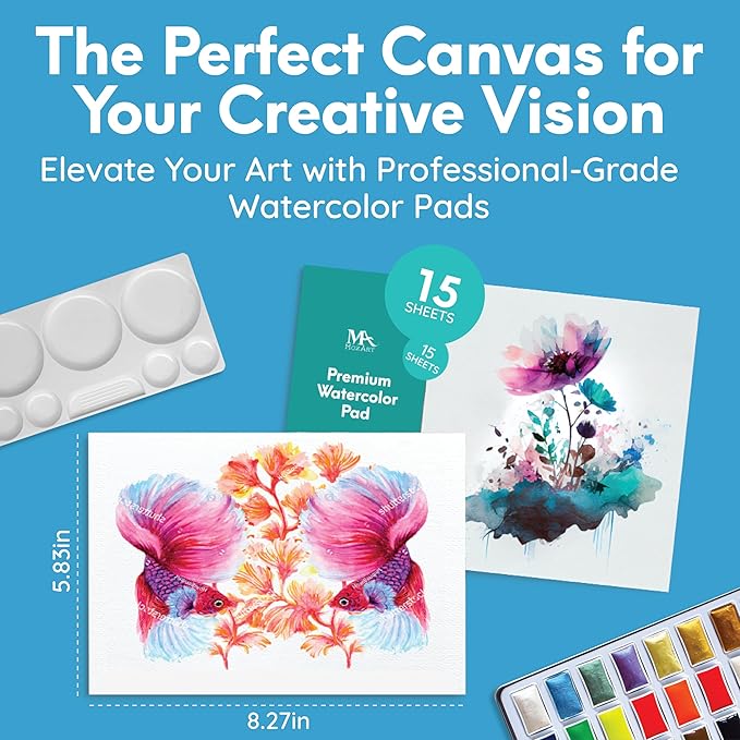 Mozart Japanese Watercolor Paint Set - Komorebi Art Kit with 40 Color Pans - 10 Watercolor Brushes - Paint Palette, Brush Pen & Paper Pad - Complete Supply for Adults, Kids & Students