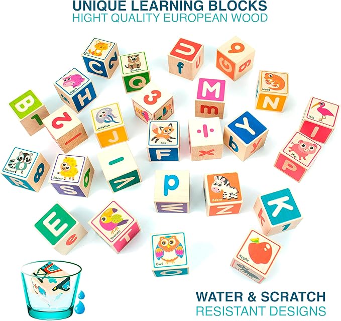 QUOKKA Wooden Blocks for Toddlers 1-3 - 26 ABC Learning Baby Blocks for Kids 3-5 Year Olds Stacking Alphabet Wood Toys for 2-4 yo - Educational with Letters Numbers