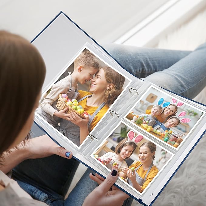 Vienrose Linen 3-Ring Photo Album Holds 190 Photos, 160 4x6 Photos and 30 6x8 Pictures, Picture Album with Multiple Size Pockets, Memory Book for Family Wedding Anniversary Baby, Blue