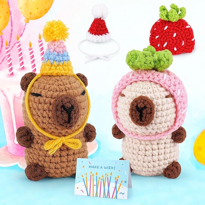 Crochet Kit for Beginners-2PCS Animals Brown and Beige Capybara Crochet Kit with Step-by-Step Video Tutorials, Stuffed Animal Knitting Kit for Adult Kids, Capybara Party Crocheting Kit for Birthday