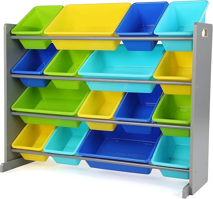 Humble Crew Supersized Toy Storage Organizer with 16 Removable Bins, Grey/Blue/Green/Yellow – Large Toy Storage for Toddlers Ideal for Kids' Rooms, Playrooms, and Nurseries - Modern Toy Bins for Kids