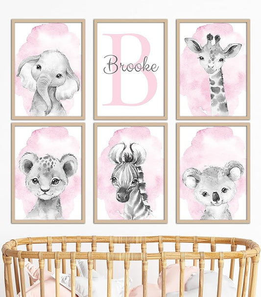 Safari Animals Set of 6 Unframed Poster Prints for Baby Girls Nursery Bedroom Playroom, Personalized Name, Choice of 12 Animals, Pink Purple (9x12)