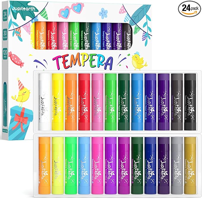 Paint Sticks for Kids 24 Colors, Quick Drying, Smooth, Non-Toxic and Washable Tempera Paint Sticks with 120 PDF Coloring Pages and 30 Stickers, Toddler Art Supplies for Drawing