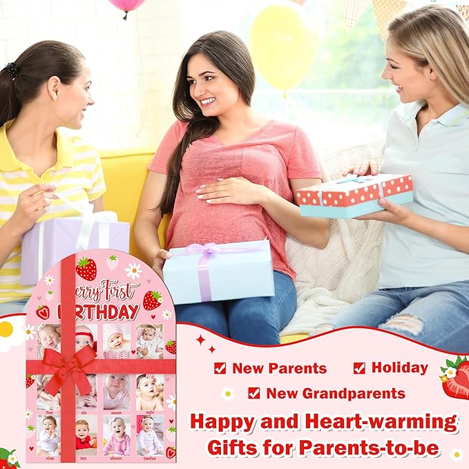 R HORSE 3D Berry First Birthday Wood Photo Display Board, Pink Strawberry Baby's First Year Picture Frame, 1-12 Months Milestone Board Birthday Decorations Keepsake Gift for Baby Girls Nursery Decor