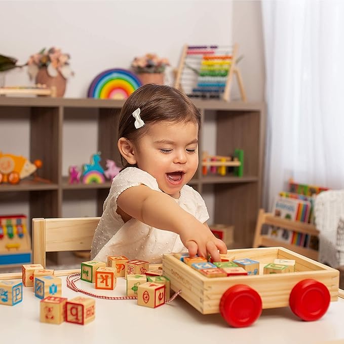 Building Blocks for Toddlers 1-3 Years Old, 30 Large Stackable Wooden Baby Blocks with Alphabet and Number Icons on Every Side, Toy Wagon Included