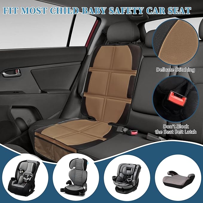 Car Seat Protector, 2 Pack Baby CarSeat Covers with Mesh Pockets & Non-Slip Backing 600D Durable Seat Protectors Under Car Seat for Baby (Black & Brown, Large)