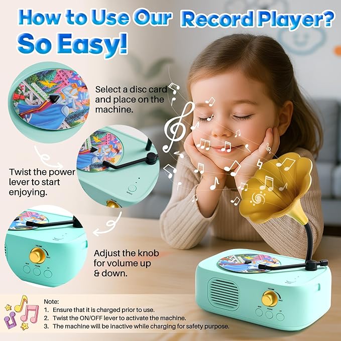 Kids Phonograph Toddler Record Player, with 96 Learning Cards, Early Education Machine Record Player Music Box Storyteller pop Speakers, Gift for Boys and Girls