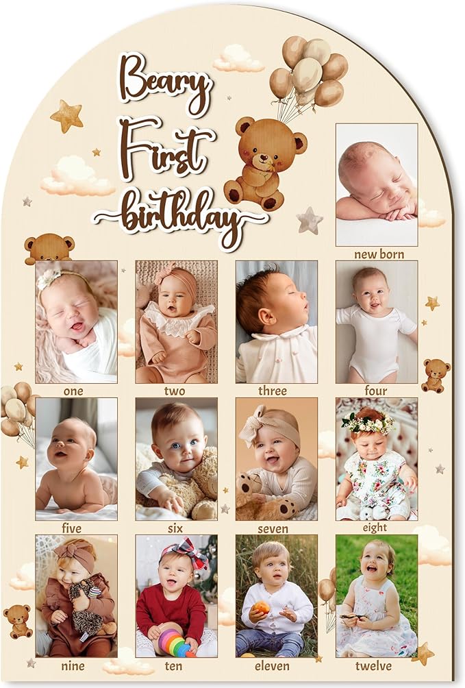 R HORSE My First Year Photo Display Wood Board - 3D Brown Bear Baby's First Year Picture Frame, 12 Months Beary Milestone Board Neutral Baby Keepsake Gift 1st Birthday Nursery Decor for Boy Girl