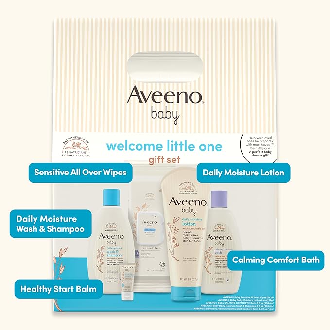 Aveeno Baby Welcome Little One Gift Set, Baby Skincare Set with Nourishing Baby Body Wash & Shampoo, Calming Bath Wash, All Over Baby Wipes, Daily Moisturizing Lotion, & Baby Balm, 5 Items