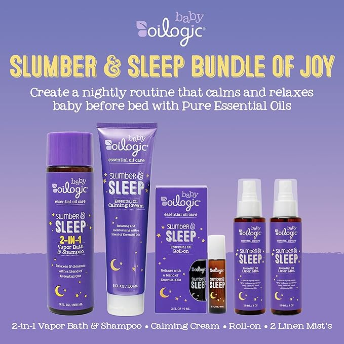 Oilogic Slumber & Sleep Bath Baby Essentials Gift Set - Includes All Over Wash, Calming Cream, Sleep Spray & Roll-On Essential Oils - Pediatrician-Tested Sleep, Comfort & Wellness Blends for Babies