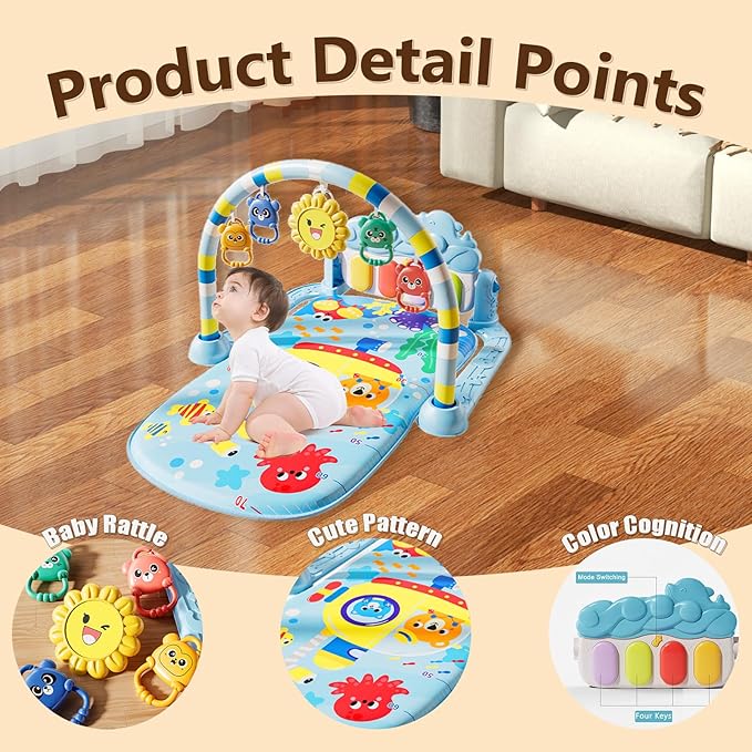 Alive Lovely Baby Gyms Play Mats, Musical Activity Center Baby Piano Gym Mat, Music and Lights Tummy Time Padded Mat for Newborn 0 to 3 6 9 12 Months