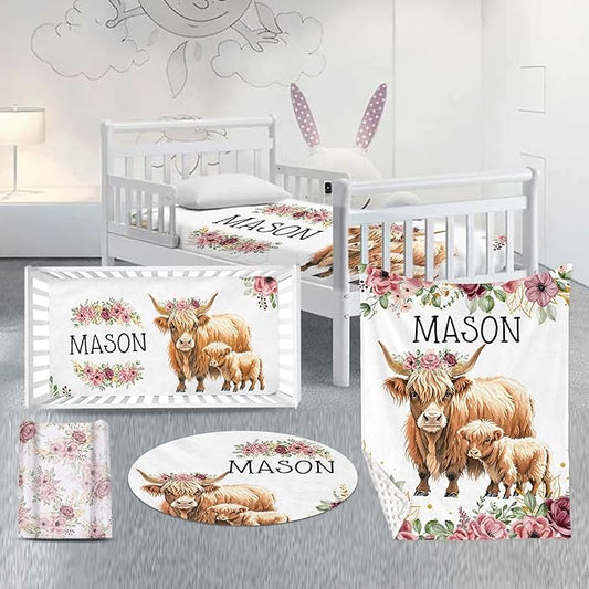 Custom Nursery Crib Bedding Set: Personalized Name 4 Piece Flower Highland Cow Design Baby Crib Sets for Baby Girls - Toddler Double Layer Blanket Set, Comfortable Crib Bed Sheets for Baby Toddlers